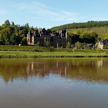 Blick vom Moselufer auf Schloss Lieser